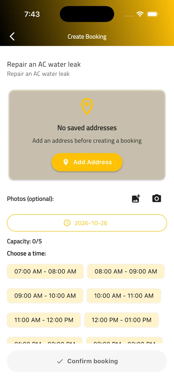 Choosing a time from the available slots